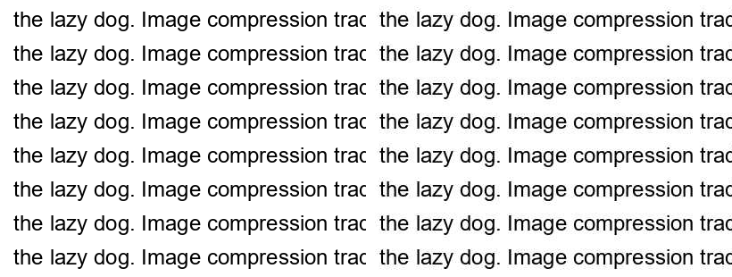 Text document center crop: lossless reference (left) vs JPEG quality 50 (right) — ringing artifacts visible around glyphs