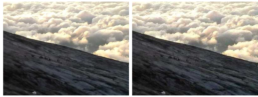 Center crop comparison: lossless reference (left) vs JPEG quality 50 (right) — clouds and rock texture remain nearly identical